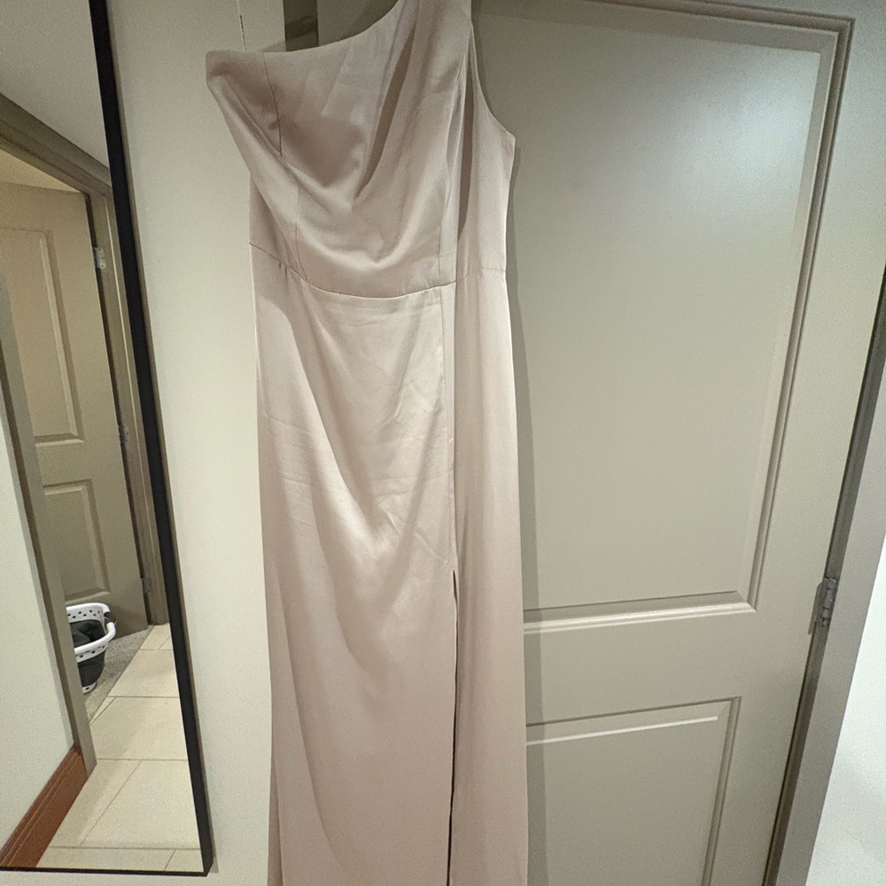 Birdy Grey One Shoulder Dress in Champagne Neutral Matte Satin